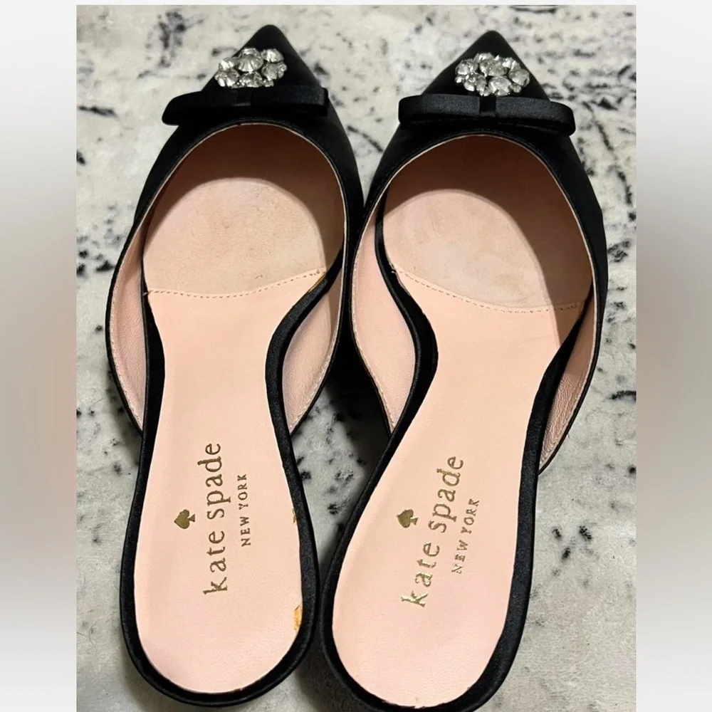 NEW Kate Spade Darlene Black Satin Jewelled Bow Kitten Heel Slide Mules 7.5